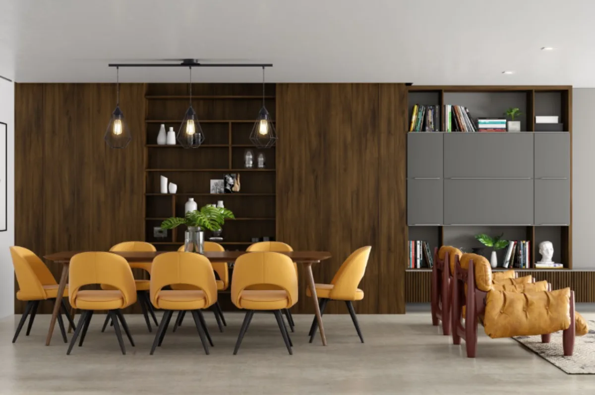 Living com os padrões decorativos Cacau, Chumbo e Verti, todos da Berneck.