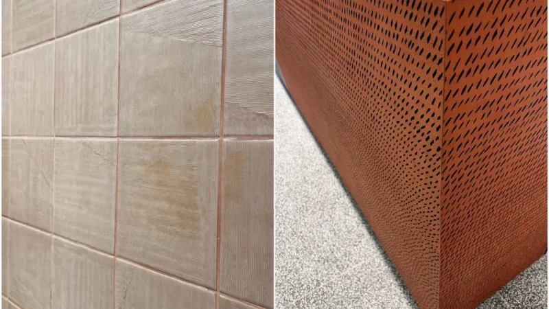 Nas peças da Sasso Scritto, do Settecento Studio, à esquerda, a decoração nasceu a partir de pinceladas na peça; à direita, peças da coleção Pigmenti, da Lea Cramiche, com decorações desenhadas por Ferruccio Laviani à mão e depois impressas