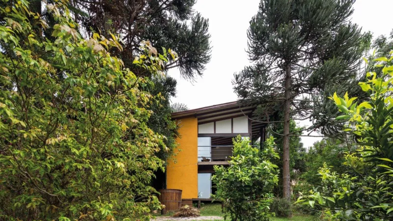 Na Casa Tingui, construção privilegia materiais como vidro, madeira e pedras e se mescla com o ambiente externo. Foto: Eduardo Macarios