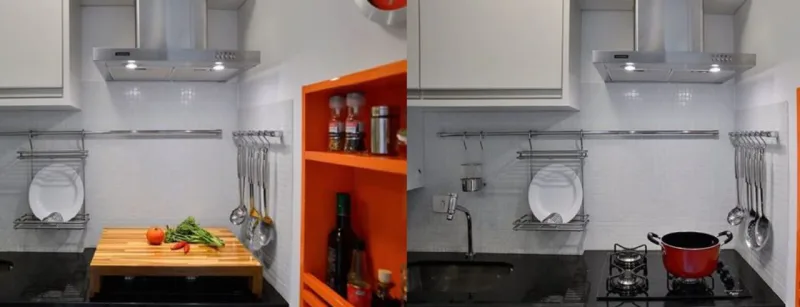 Barras em inox e tábuas móveis contribuem para a praticidade e apelo estético da cozinha.