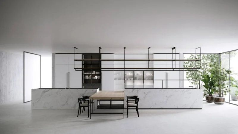 Combine Evolution, por
Piero Lissoni para Boffi,
traz blocos de preparo e
trabalho conectados por
estrutura metálica. Foto: Divulgação