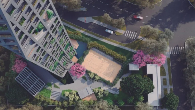 Rua de desaceleração e praças no AGE360, da Ag7 Realty.