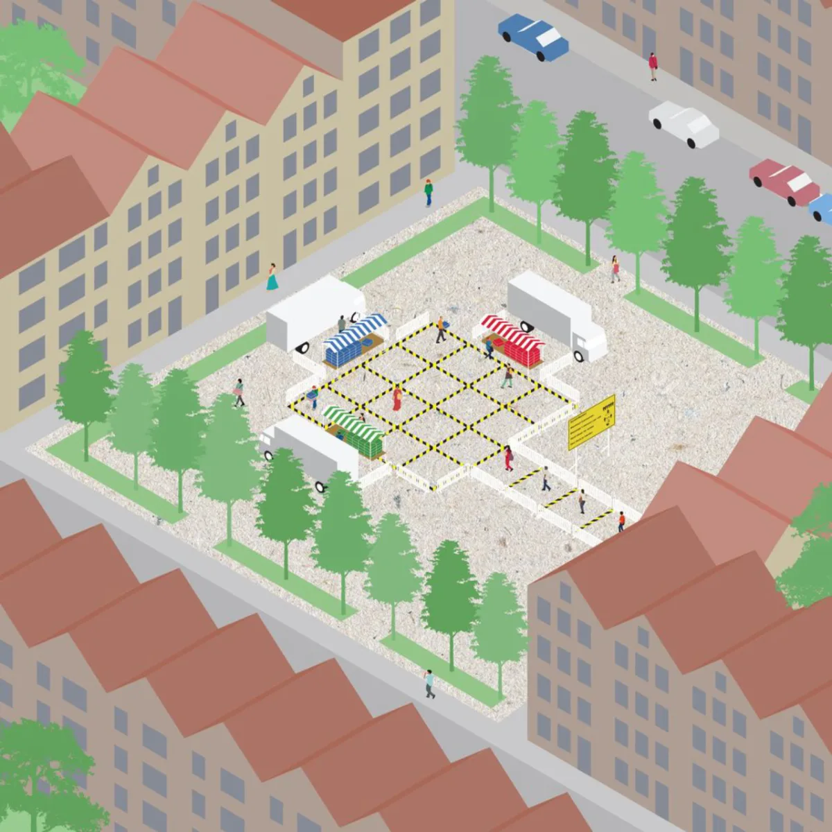 Ideia do escritório holandês Shift Architecture prevê comércio em quadras desmontáveis e com controle de acesso para prevenir a contaminação pelo novo coronavírus.