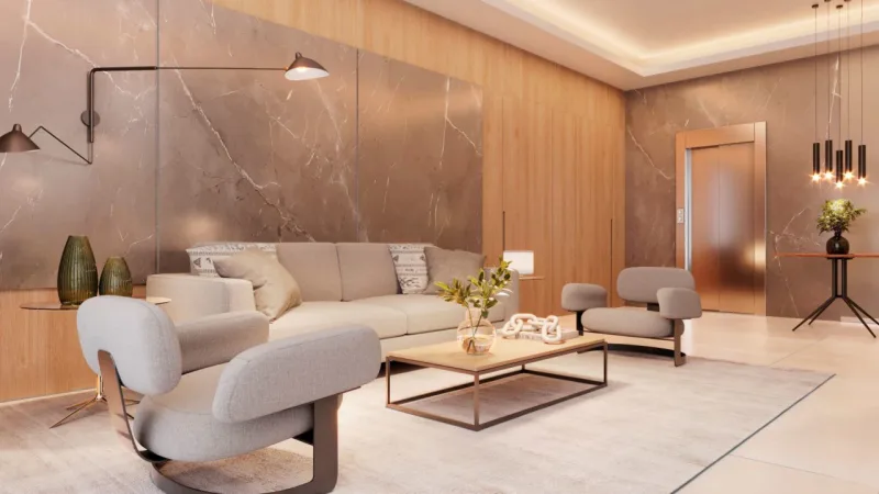 Hall do empreendimento, que tem projeto de interiores assinado pelo  Horta & Vello.