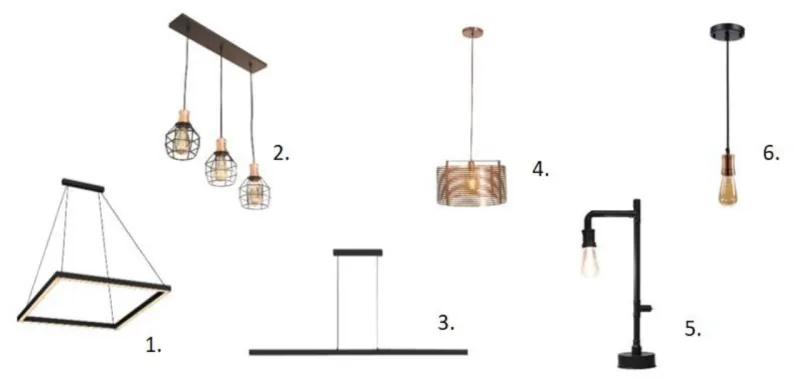 1. Pendente quadrado com led integrado, de R$ 1.019 por R$ 819,90/ 2. Pendente de metal aramado de 3 lâmpadas, de R$ 652 por R$ 484,90/ 3. Pendente preto com led integrado, de R$ 579 por R$ 464,90/ 4. Pendente redondo de alumínio e cobre, de R$ 256 por R$ 199,90/ 5. Luminária de mesa preta, de R$ 435 por R$ 217,90/ 6. Pendente de metal e pintura e cobre, de R$ 97 por R$ 77,90.