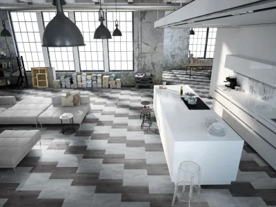Piso vinílico da linha Ambienta Trend e Ambienta Stone da Tarkett, com configuração mesclada.
Foto: Tarkett/Divulgação