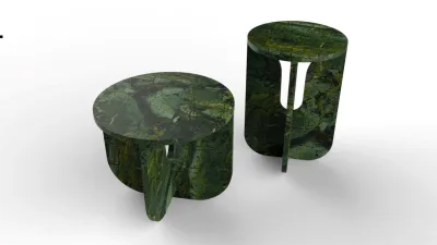 Mesinhas assinadas por Luciano Santelli em quartzo verde integram exposição que faz parte da Feira Internacional do Mármore e Granito (Vitória Stone Fair) 2020. Imagem: divulgação