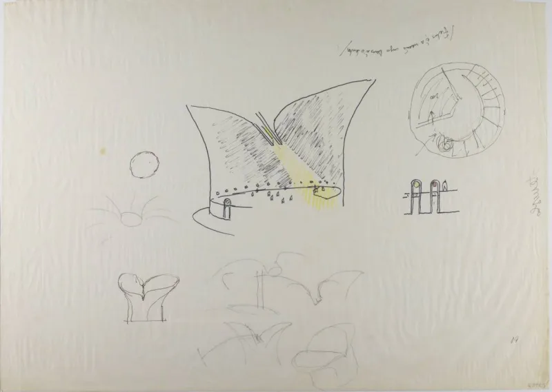 Croqui de Niemeyer de 1987 prevê uma abertura para entrada de luz na sala expositiva principal. Imagem: divulgação/GDF