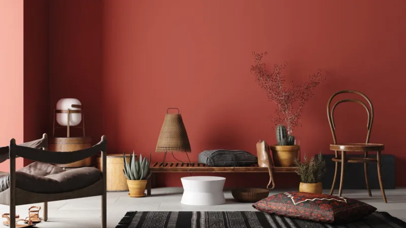 Rustic Home interior mockup with bench,chairs and decor in red room, 3d illustration