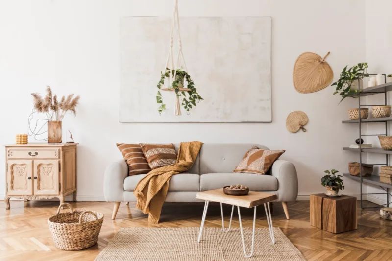 The stylish boho compostion at living room interior with design gray sofa, wooden coffee table, commode and elegant personal accessories. Honey yellow pillow and plaid. Cozy apartment. Home decor