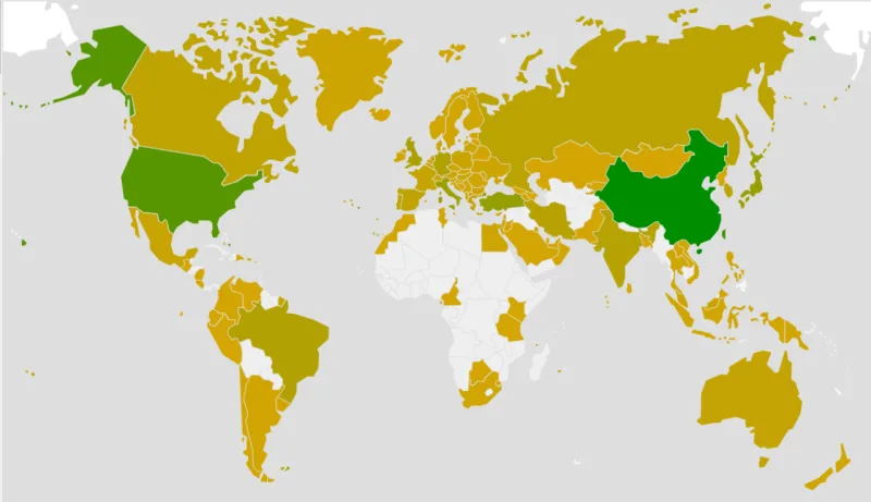 O ranking identifica os países que mais são premiados em design: quanto mais verde, mais prêmios. Imagem: divulgação/World Design Rankings
