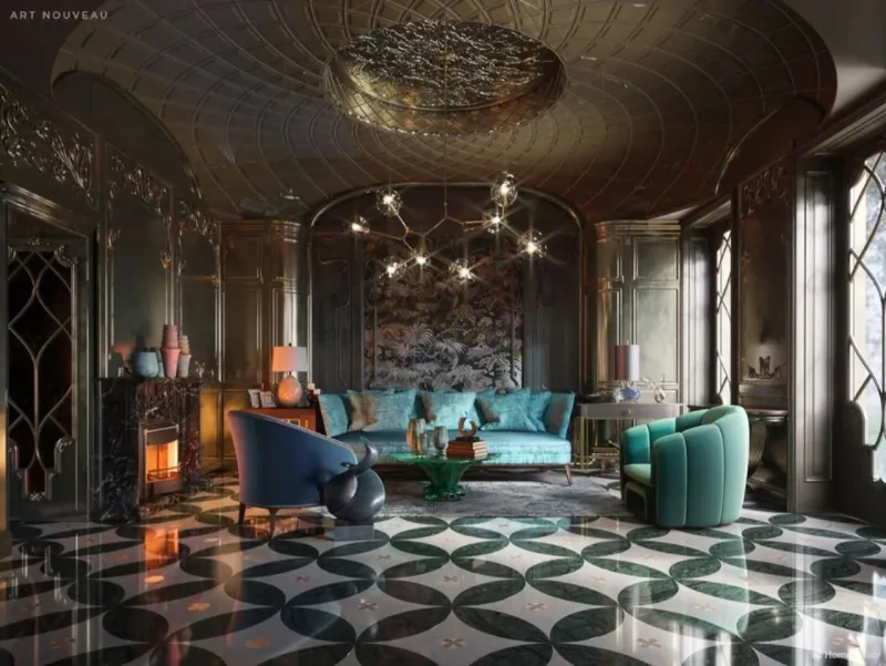 Living decorado com a linguagem do Art Nouveau. Imagens: Home Advisor/Reprodução