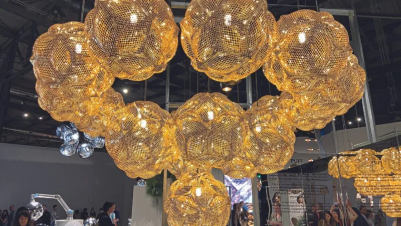 Tom Dixon volta à Euroluce e lança o pendente Puff, com corpo em chapas de metal cortadas e curvadas para o efeito inflado e nas cores prata e dourado.