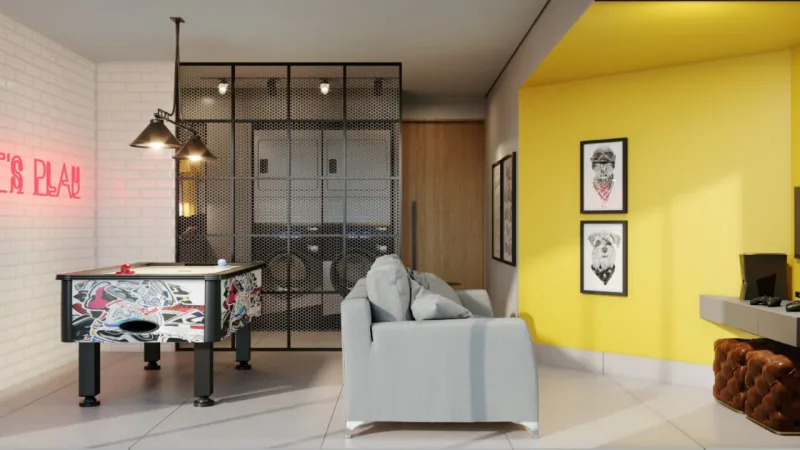 Lavanderia compartilhada (fundo) e sala de jogos no empreendimento Walk Brigadeiro, da Elio Winter Incorporações. | Divulgação
