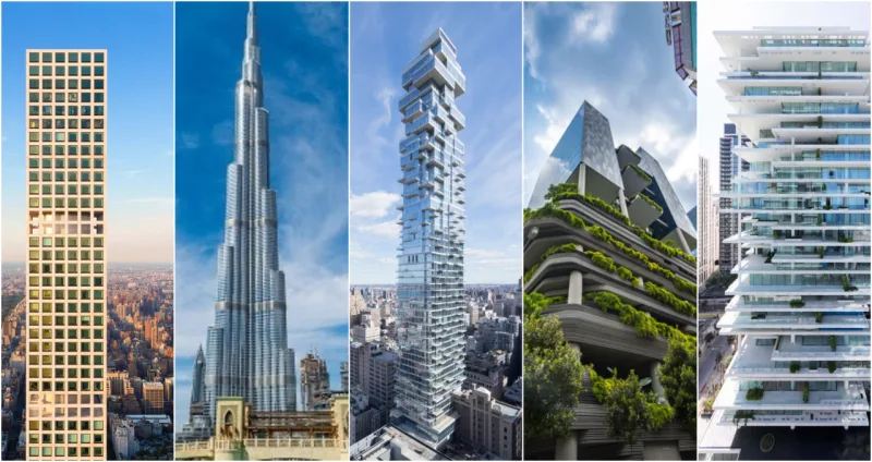 Cinco arranha-céus de diferentes metrópoles serviram de referência ao desenho do curitibano. Da direita para a esquerda: o 432 Park Avenue, em Nova York; o Burj Khalifa, em Dubai; o 56 Leonard, em Nova York; o Park Royal, em Cingapura; e o Beirut Terrace, no Líbano. Fotos: divulgação