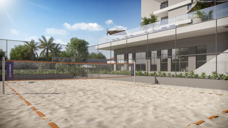 O Etherea oferece áreas de lazer diferenciadas para crianças e adultos, como quadra de beach tennis, esporte que se tornou tendência no país. | Divulgação