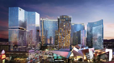 Vdara Hotel, em Las Vegas. O gigantesco complexo com 55 andares possui toda a fachada composta por vidros reflexivos. Foto: Divulgação