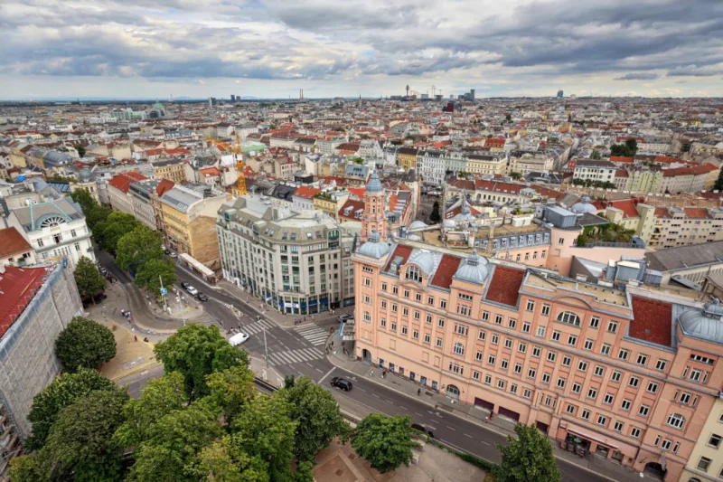 VIENNA, AUSTRIA - JULY 15, 2017. Aerial view from the observation deck of the Flak tower at the Esterhazy park and Gumpendorfer street. Mariahilf district, Vienna, Austria.