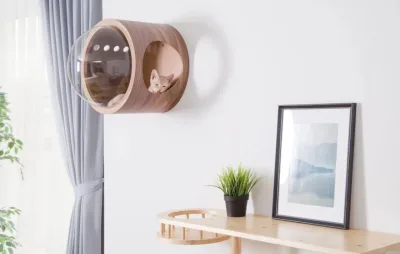 Casinha para gato que lembra uma nave espacial é um lançamento da marca japonesa Myzoo. Fotos: Divulgação 