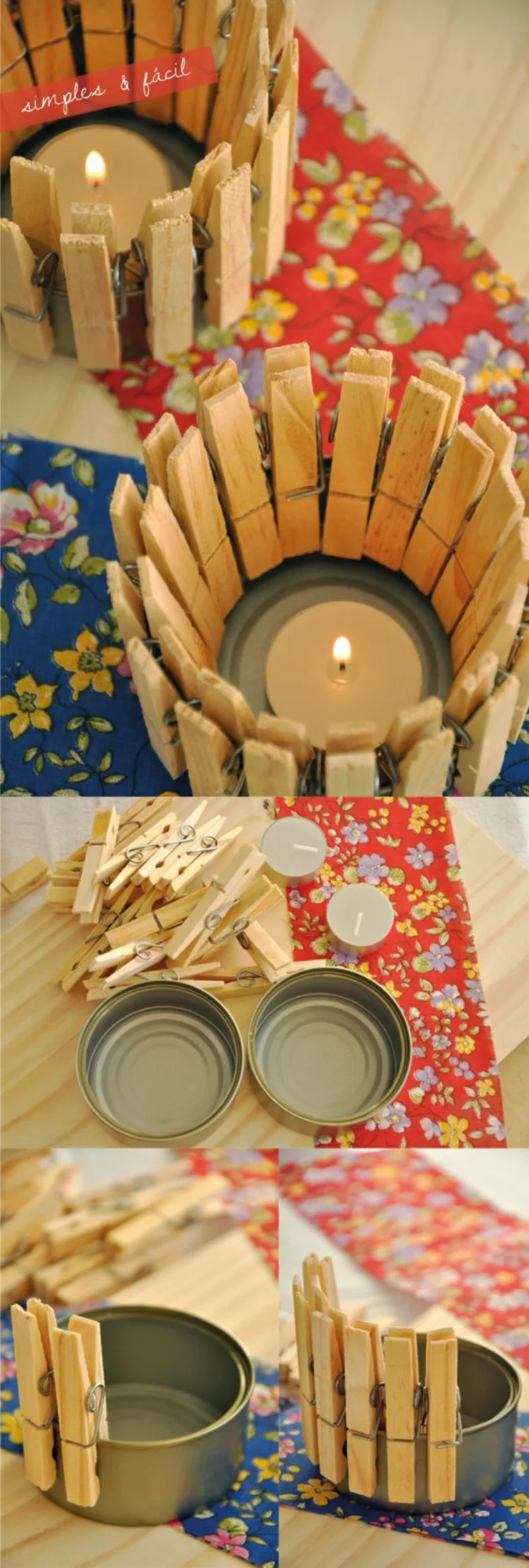 Se quiser tornar o ambiente mais intimista, invista sem medo nas velas. É só usar a criatividade na decoração. Na foto, foram utilizadas latas de atum e sardinha, decoradas com grampos de roupa.
Foto: Reprodução / Pinterest