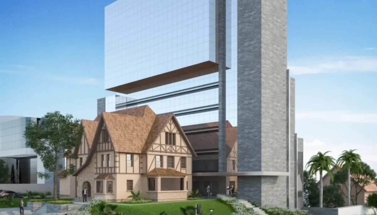 Perspectiva mostra como ficará a paisagem após o restauro do casarão e a construção do novo edifício. Imagem: Invescon/Divulgação