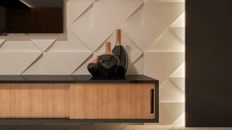 A Munó Acabamentos trouxe para a feira quatro lançamentos assinados em parceria com arquitetos. Um deles é o Autem, assinado pelo escritório de arquitetura StudioM4. Formas geométricas sobrepostas dão tridimensionalidade às peças, criando um efeito de origami e 30 possibilidades de paginações.