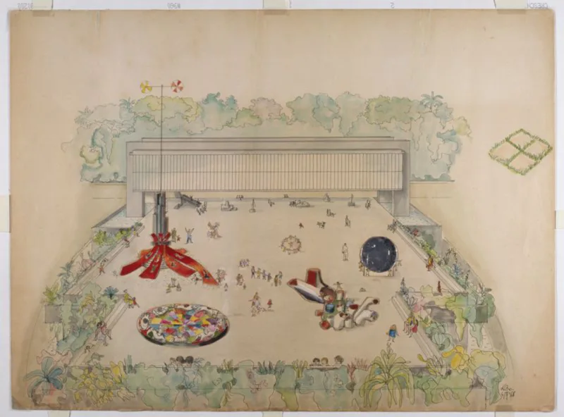 Estudo preliminar – esculturas praticáveis do belvedere Museu de Arte Trianon, 1968. Peça em nanquim e aquarela sobre papel, faz parte do Acervo MASP, doação Instituto Lina Bo e P. M. Bardi. Foto: Divulgação