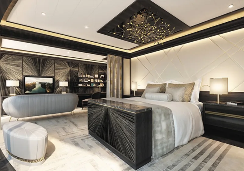 Cama Hästens Vividus é o ponto alto da suíte principal. Foto: Divulgação/Regent Seven Seas
