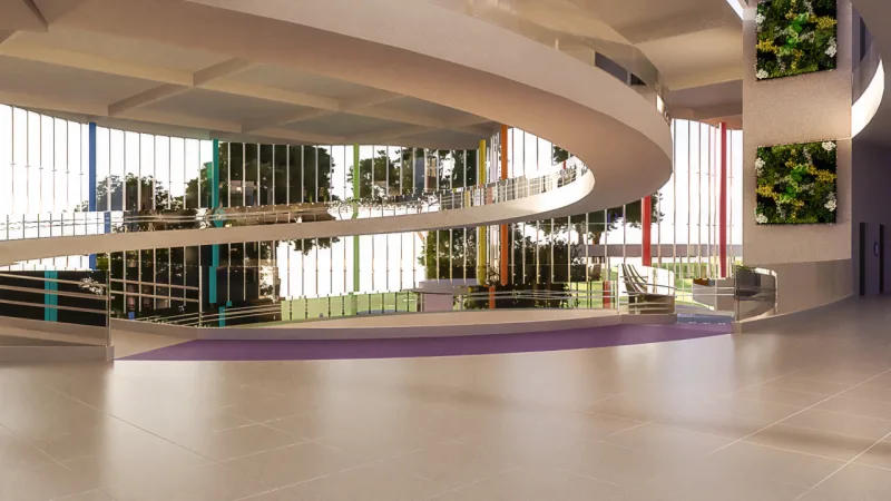 O hall de entrada com a grande rampa desperta interesse pelas cores, criando um senso de localização. Foto: Rafaella Senff Peixoto