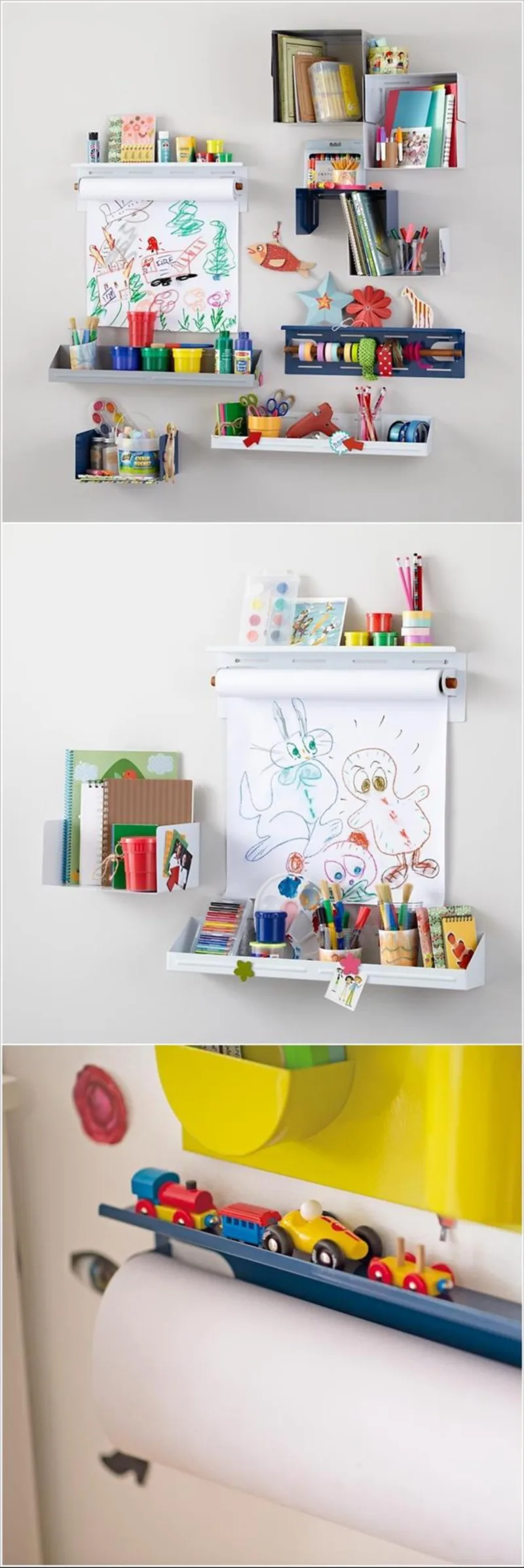 A parede pode servir de apoio para as pinturas. Basta colocar um rolo de papel preso em um suporte e variadas cores de giz, lápis e tintas.