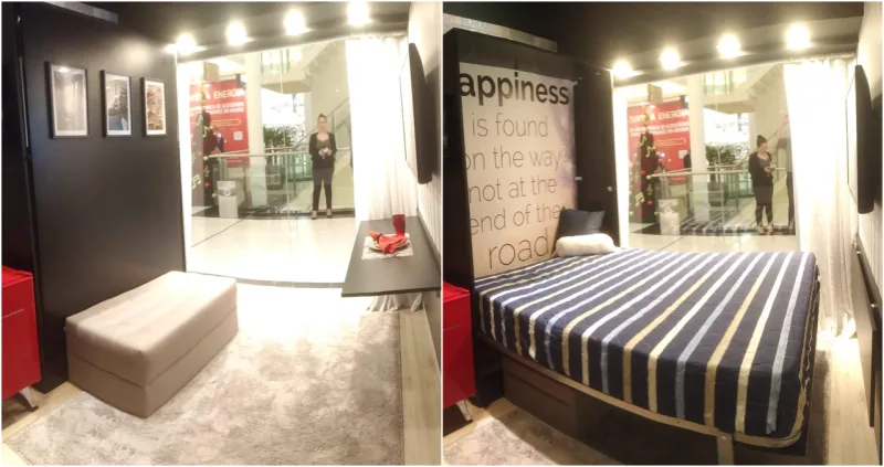 Cama e mesa de jantar são retráteis e possibilitam ambientes diferentes no studio de 9,8m². Foto: Aléxia Saraiva/Gazeta do Povo