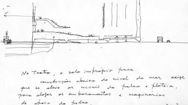 Desenho à mão livre do Cais das Artes, na Enseada do Suá, em Vitória, no Espírito Santo, que será terminado em breve. Estrutura respeita o entorno e abrigará museu e teatro para grandes eventos. Imagem: Martin Corullon/Escritório Paulo Mendes da Rocha/Divulgação.