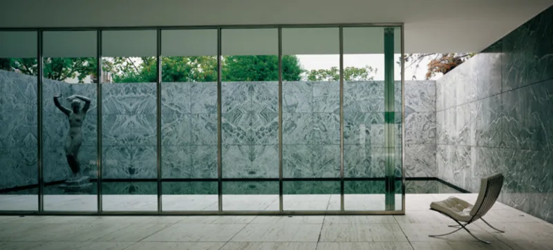 Pavilhão Alemão desenhado por Lilly Reich Grant e Mies van der Rohe para a Feira Internacional de Barcelona. Foto: reprodução/Fundació Mies van der Rohe