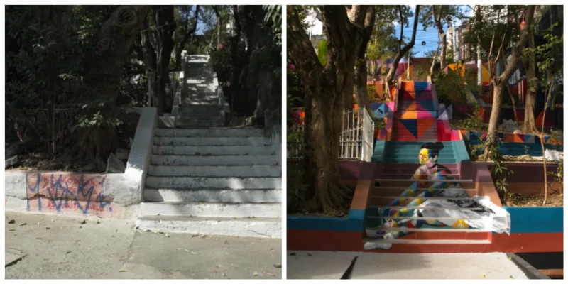 Antes e depois da escadaria na Rua Alves Guimarães, em Pinheiros. Foto: Divulgação.