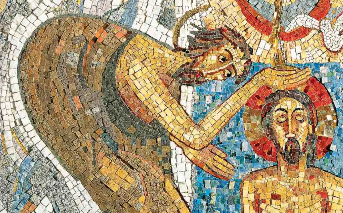 Detalhe do mosaico que retrata o batismo de Jesus no Rio Jordão por João Batista, na Capela Redemptoris Mater, no Vaticano. A obra de 1999 é assinada pelo Centro Aletti, dirigido por Rupnik
