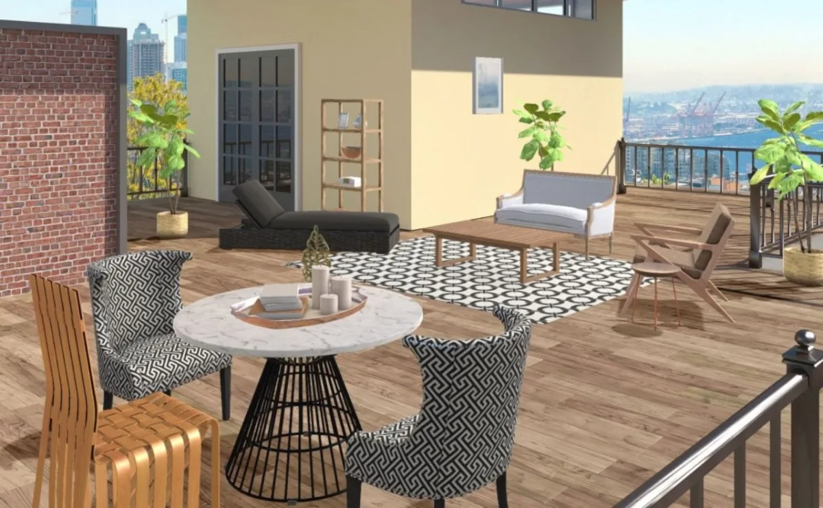 Desafios do jogo premiam ambientes que melhor cumpriram os pré-requisitos. Na foto, a varanda em Seattle deveria conter cinco móveis de madeira. Foto: Reprodução/Design Home