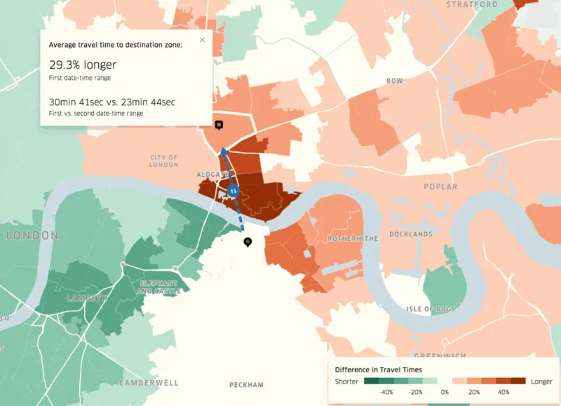 Plataforma Uber Movement analisou, em março de 2018, a diferença no fluxo do trânsito em Londres antes e depois do fechamento da London Tower Bridge. Foto: reprodução/Uber