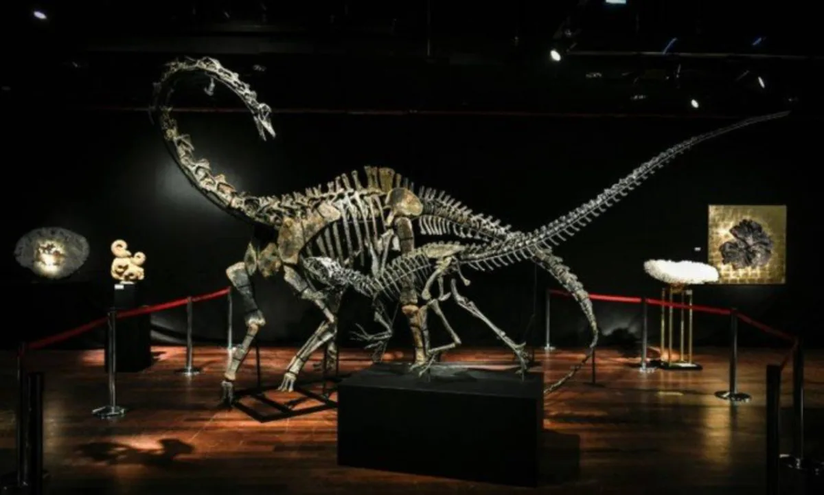 Esqueletos de dois dinossauros, um diplodoco (atrás) e um alossauro (em primeiro plano), foram fotografados em leilão de Paris. Foto: AFP