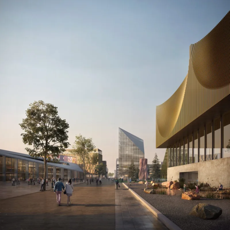 Prédios pensados para gerar pouco lixo e áreas que "abraçam" o pedestre serão diferenciais da OAC. Imagem: Reprodução / Haptic Architects