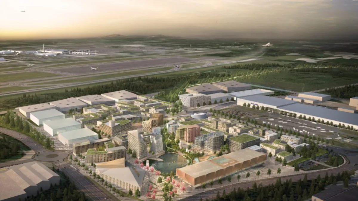 Cidade será construída em uma área de 370 hectares ao lado do aeroporto de Oslo, Noruega. Imagem: Reprodução / Haptic Architects