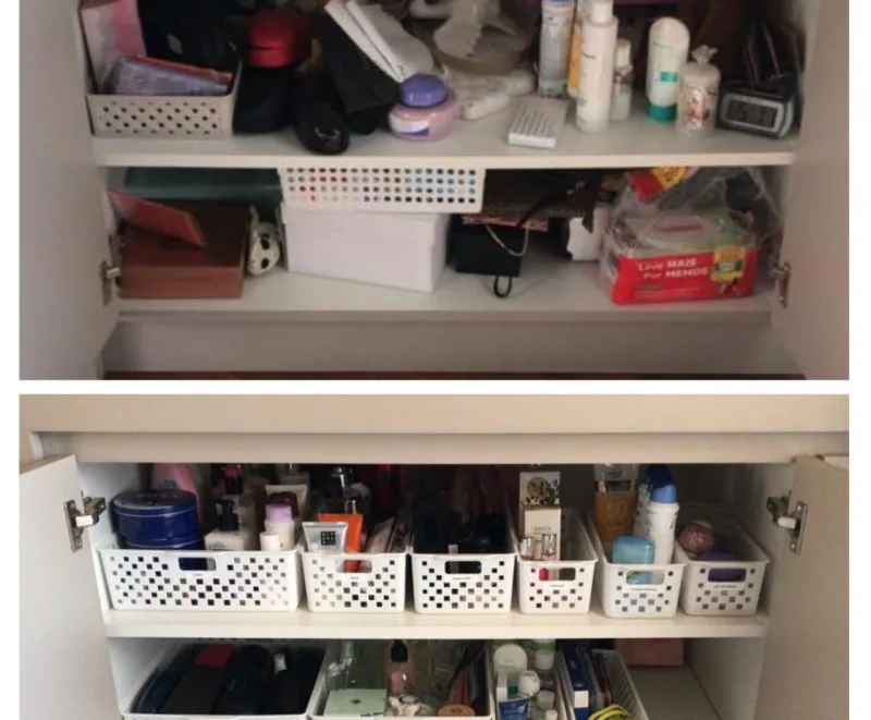 Armários organizados com a ajuda de cestos e caixas. Vale para o quarto, para a cozinha, para a lavanderia e também para o banheiro ou o 'quartinho da bagunça'.