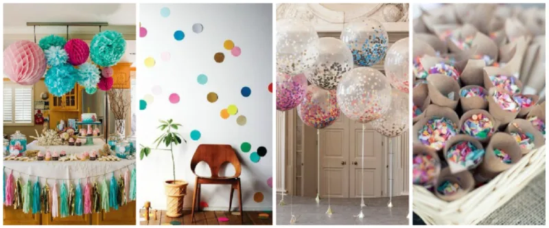 Em paredes, nos balões ou para os convidados, o confete é um item essencial! Fotos: Reprodução/Pinterest