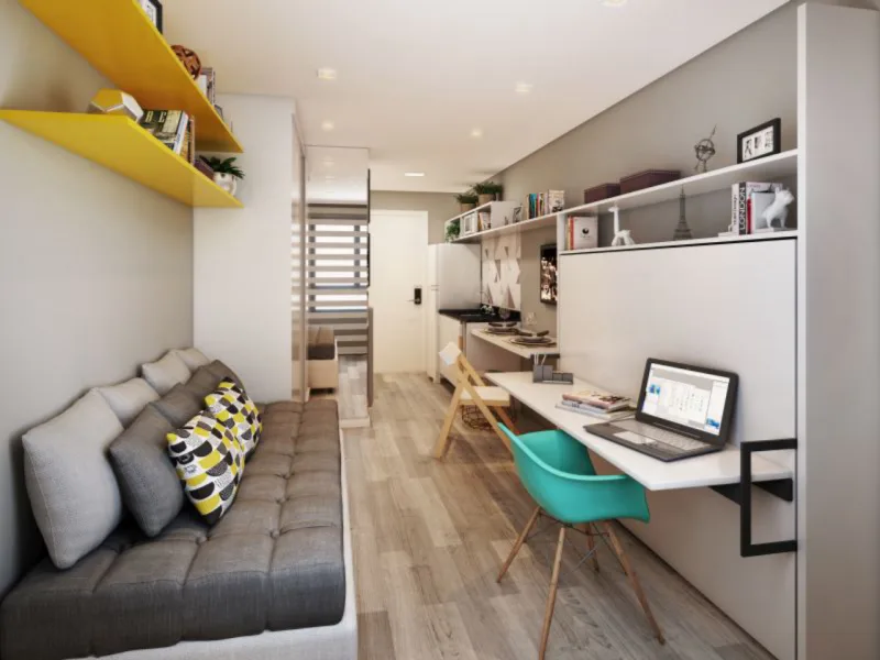 Projeto do apartamento de 17 metros quadrados. Haverá três modalidades de apartamentos: sem mobília, mobiliado e completo (mobiliado e decorado).
