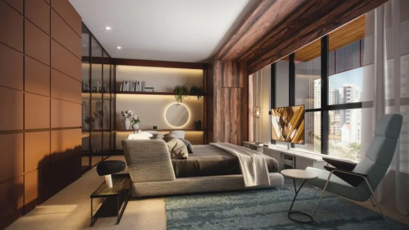 Projeto de quarto para apartamento do ROC Batel, novo projeto da Laguna. Foto: Divulgação.