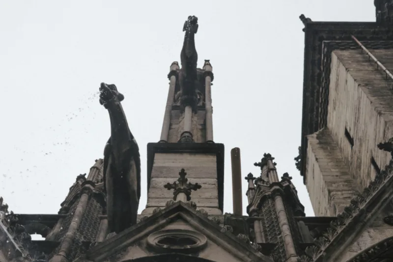 Plastic piping replaces a fallen gargoyle on the Notre Dame Cathedral in Paris, Sept. 19, 2017. Rain, wind and pollution have battered the cathedral, which is seeking funds in France and in the United States to help pay for extensive renovations. (Dmitry Kostyukov/The New York Times)
