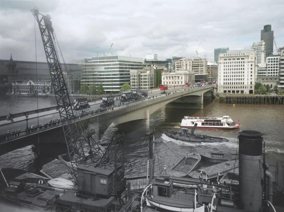 Sobreposição de imagens do antes e depois da London Docklands. Foto: George Davison Reid / Museum of London