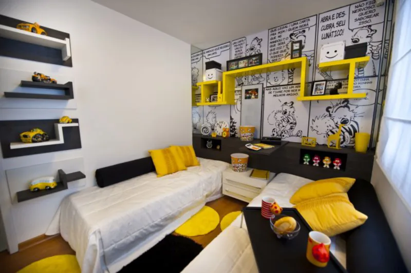 Neste quarto infantil, projetado para dois irmãos pelo Estúdio Campetti, a ideia era trabalhar com personagens de HQ. Projeto: Estúdio Campetti – Arquitetos Marcia Campetti e Tiago Campetti. Foto: Natália Araújo/Divulgação.