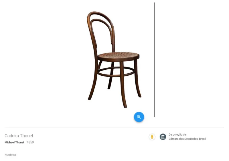 Esta simples cadeira feita em madeira foi desenhada pelo alemão Michael Thonet em 1859. Ele inventou uma máquina para fabricar móveis com madeira curvada. Uma unidade da Cadeira Thonet custa R$ 1 mil. Foto: Câmara dos Deputados/Reprodução