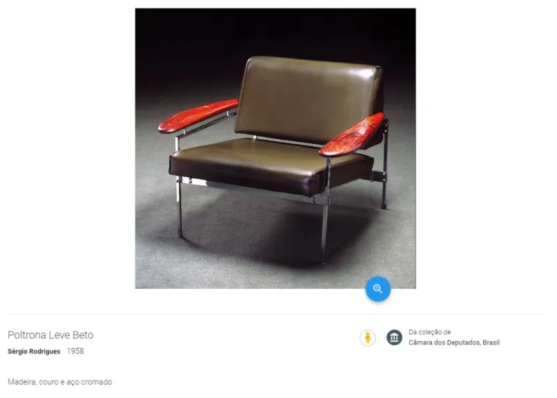 A Poltrona Leve Beto é outra obra de Sérgio Rodrigues que compõe o acervo da casa. Desenhada em 1958, hoje ela vale R$ 16 mil. Foto: Câmara dos Deputados/Reprodução