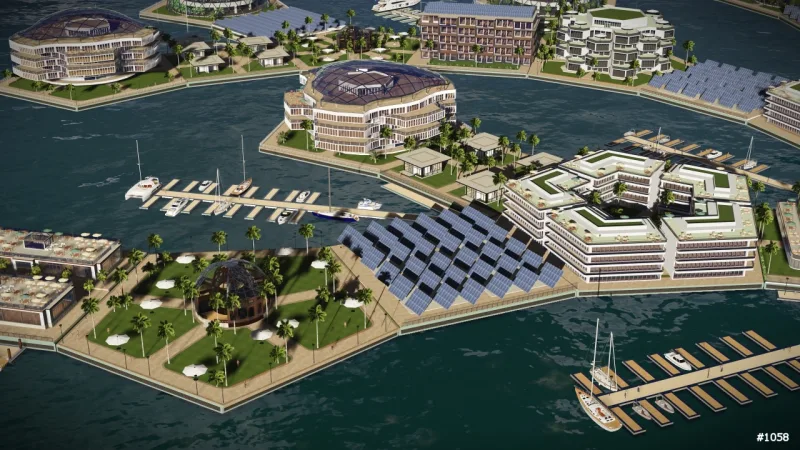 Projeção de como será a cidade flutuante. Imagem: Divulgação